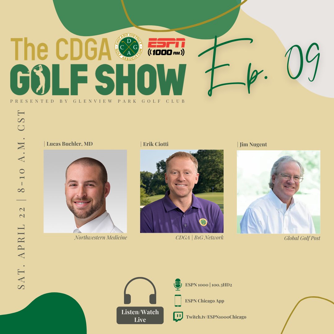 A full slate is on tap tomorrow for The "CDGA Golf Show" presented by <a href="/Golf_Glenview/">Glenview Park Golf</a> on <a href="/ESPN1000/">ESPN Chicago</a>. Hosts <a href="/TylerAki_/">Tyler Aki</a> and Mike Gilligan will be joined by:

- <a href="/NorthwesternMed/">Northwestern Medicine</a>'s <a href="/LucasBuchlerMD/">Lucas Buchler, MD</a>
- <a href="/ErikCiotti/">Erik Ciotti</a> from the <a href="/bigten/">Big Ten Conference</a> Women's Golf Championships
- Jim Nugent of <a href="/GlobalGolfPost/">Global Golf Post</a>