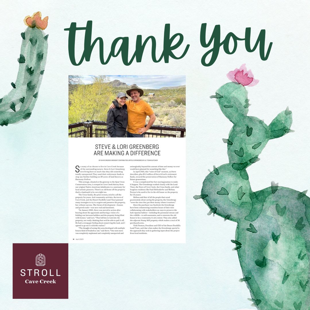 👏 Thank you Stroll Cave Creek for publishing an article in your April issue about the heartwarming story of how Harmony Hollow was conserved. 

#cavecreekaz #DFLT #landtrust #wesaveland #landconservation #harmonyhollow #inthenews #strollcavecreek