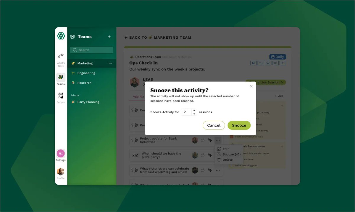 TrellisWork_'s tweet image. Have an agenda topic you know you're not going to cover this week? Snooze it. 😴 buff.ly/3ozj64T 

#effectivemeetings #meetingagenda #feaatureupdate #newfeatures #productupdate #trelliswork
