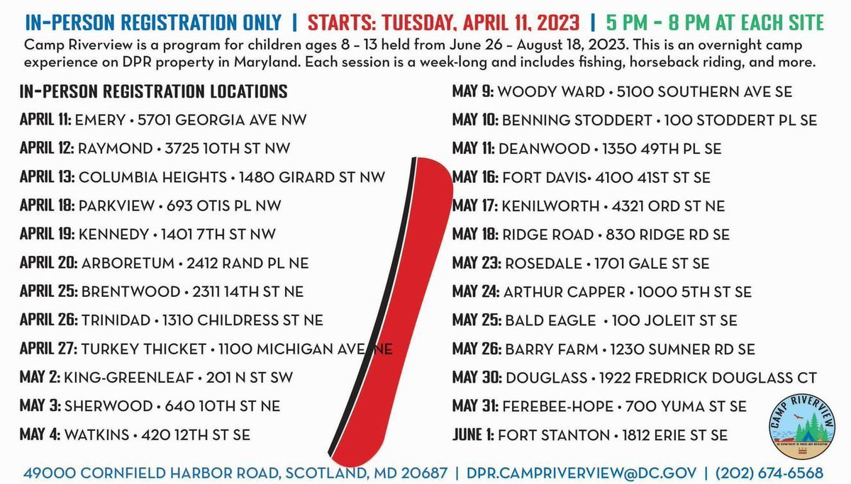 DPR’s only FREE SUMMER CAMP is open for in-person registration ONLY!
 
🏕️Camp Riverview is located in scenic Scotland, MD.  
Weeklong fun... ages 8-13 

📍Today, Arboretum Community Center 
⏲️5-8pm (4/20) to learn more and register.  
🖱️campriverview.splashthat.com
#Summergetaway