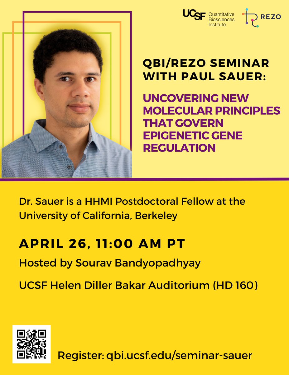 QBI and @rezo_tx present a seminar with Paul Sauer @paulvictorsauer on 04/26, hosted by @SBLabUCSF. Join us @UCSF Mission Bay to learn about his investigation of the molecular and structural mechanisms that control the essential epigenetic regulator PRC2: qbi.ucsf.edu/seminar-sauer