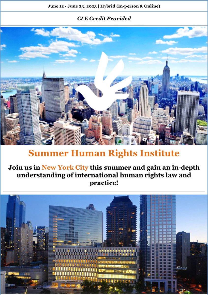 Don't miss the 2023 Summer #HumanRights Institute! 
🔷When? June 12- 23
🔷 CLE Credit - Max of 34.5 transitional &amp; nontransitional credits: 
🔹(31.5) professional practice, 
🔹(2.5) Diversity, Inclusion and Elimination of Bias 
🔹(0.5) Ethics
Register: bit.ly/3H0VrRu