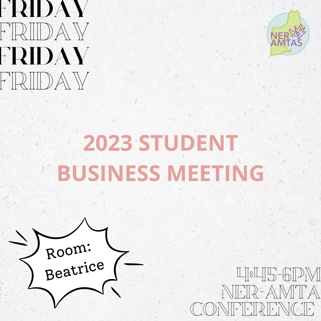 NERAMTAS's tweet image. Our Student Business Meeting / Board Elections is tomorrow!! And our room has been officially booked - we will be in the “Beatrice” room at the NER conference!

Click the link below to attend the meeting and to apply for a position! linktr.ee/neramtas