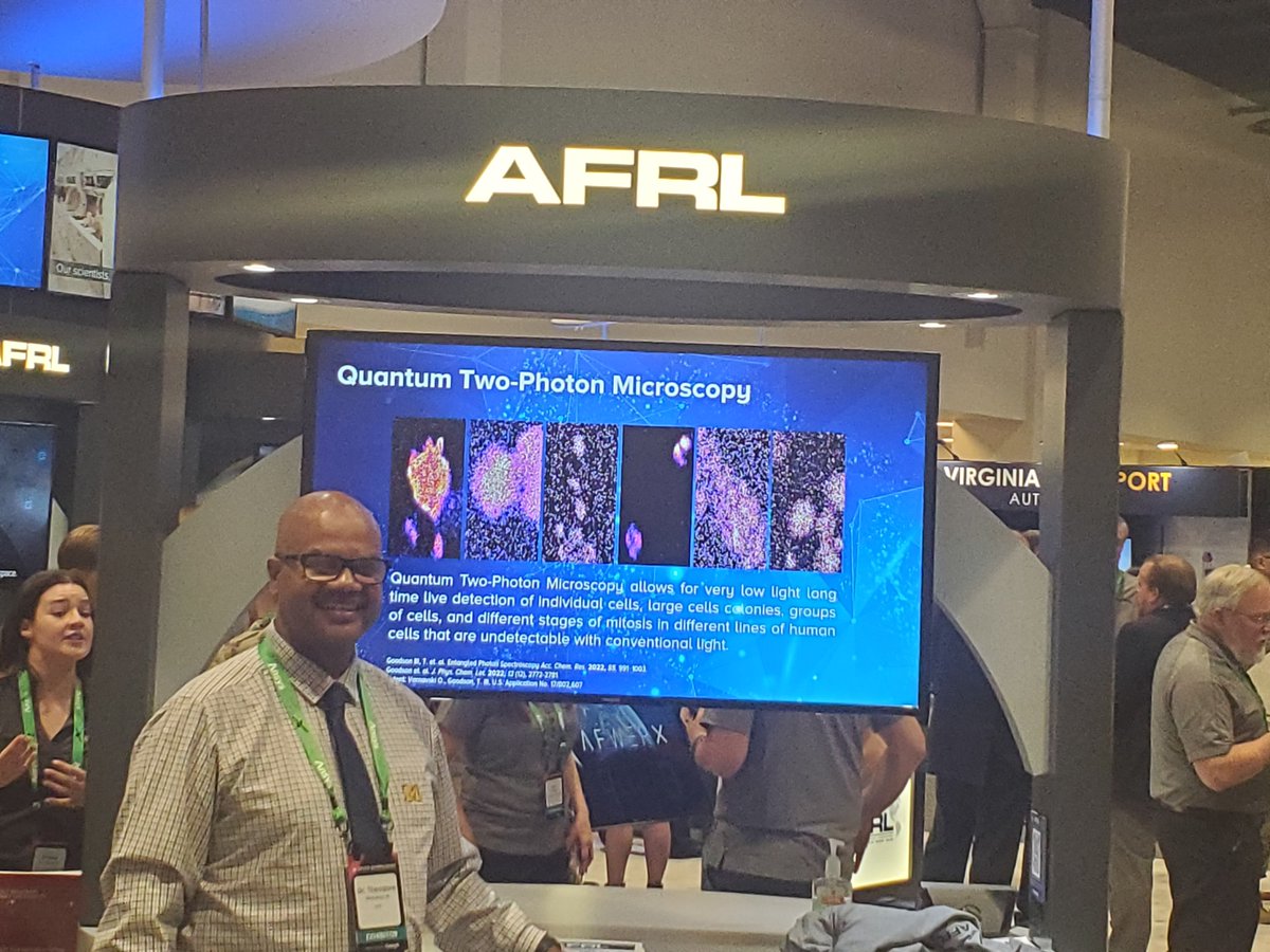 AFOSR's tweet image. Professors Goodson @UMich and Yakovlev @TAMU are at Space Symposium to showcase quantum microscopy. Entangled photons provide a unique analytical tool to accomplish difficult sensing tasks supported by our quantum microscope. #AFRL #AFOSRSpaceResearch #QuantumTech #Spectroscopy