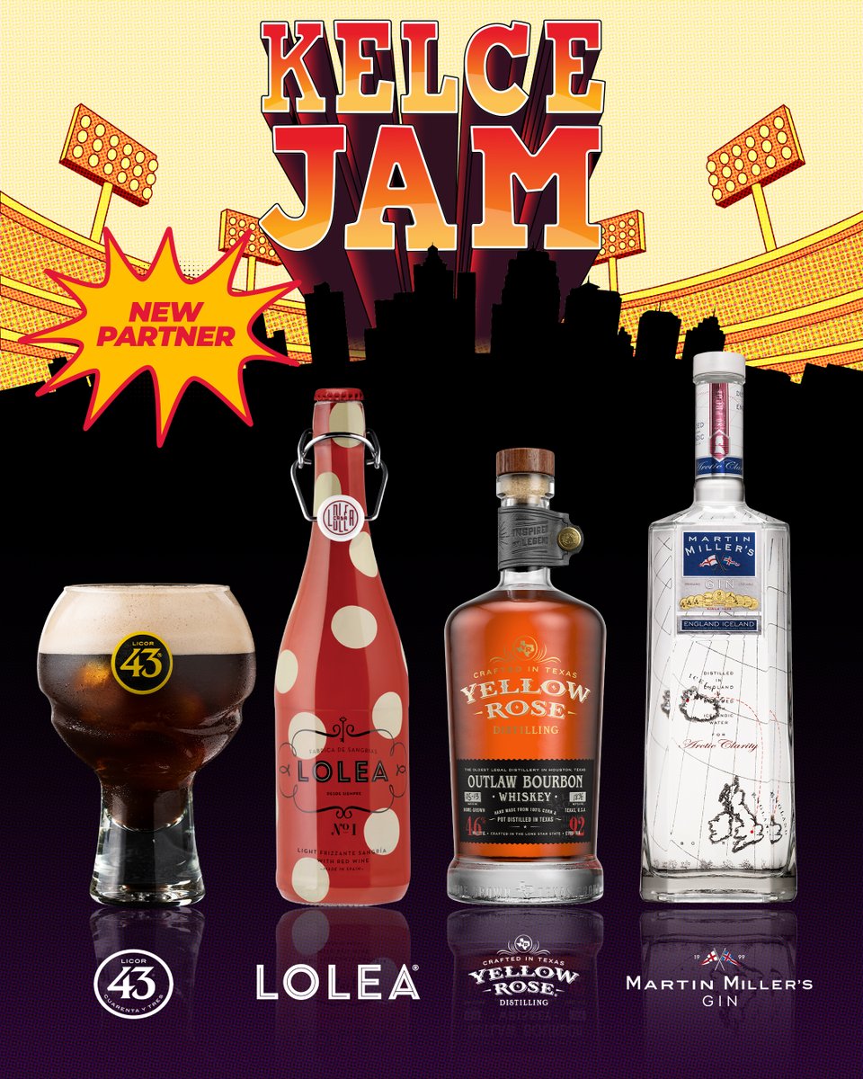 KelceJam's tweet photo. Four great brands, one amazing partnership! We're partnering with @Licor43USA, @lolea_global , #YellowRoseDistilling, and #MartinMillersGin to take Kelce Jam to New Heights! Cheers!!! 🥂🥃 🍸🍻 https://t.co/aLM3BH0bAD