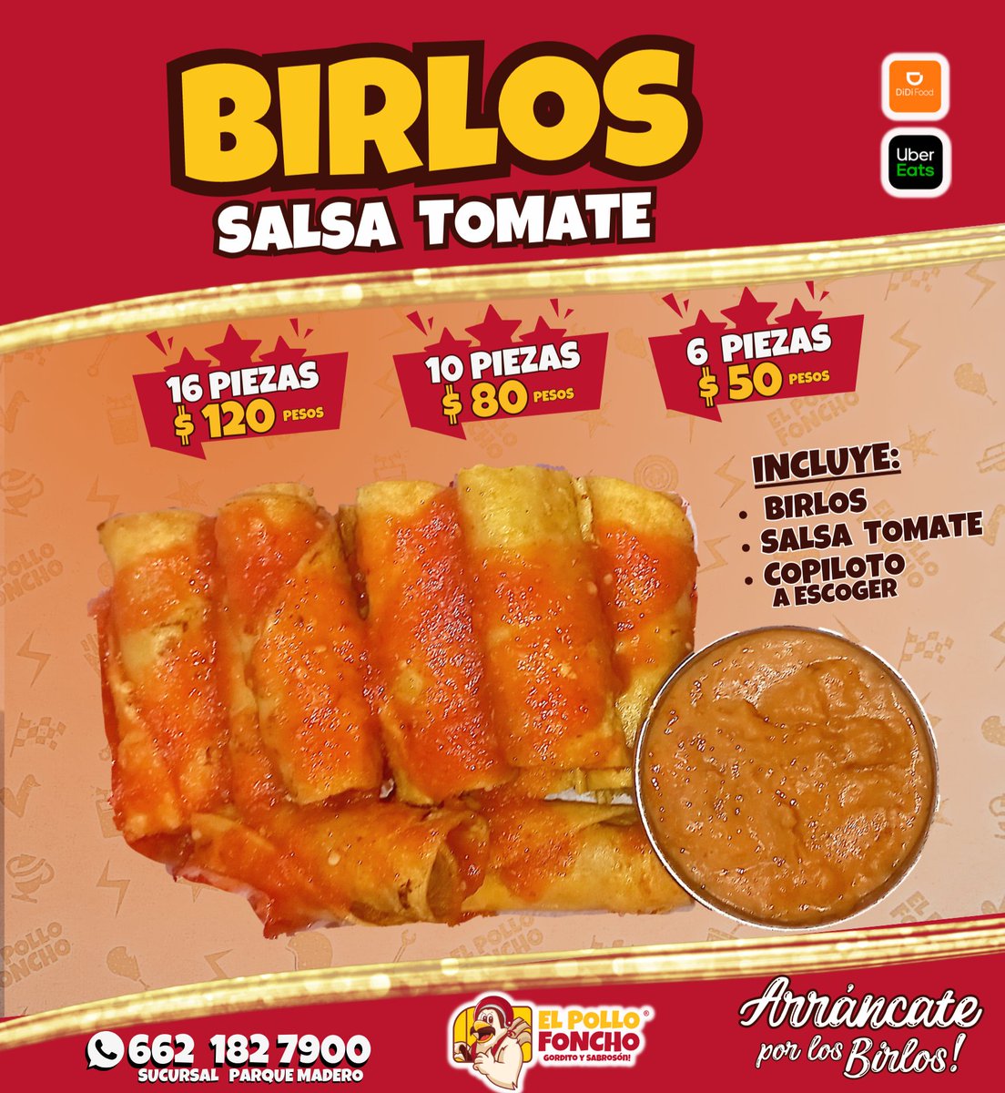 elpollofoncho's tweet photo. Arráncate por los BIRLOS de Pollo!🌮🍗🌶
#Riquísimos, escoge tu #Salsa: #ChileVerde #Champiñones #Tomate y un #Copiloto!
Lunes a Domingo de 11 a 19 Hrs.
¡Con estos Birlos te Picas! 💖
Ordena y recoge 📲662 182 7900 
📍Sucursal Parque Madero
🏍 #UberEats|#DiDiFood
#PolloHermosillo https://t.co/SmJgk8wkjp