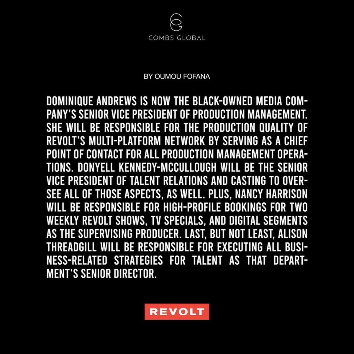 CombsGlobal's tweet photo. @Revolttv announced that it has appointed four trailblazing women into executive leadership roles.

Read more at https://t.co/R6Z2e9hOqE https://t.co/buhKZeoWyH