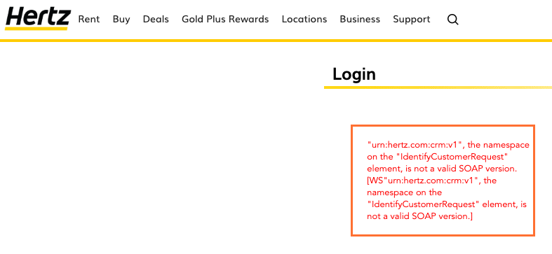 uxcle's tweet photo. Does anybody need SOAP, or maybe a developer from @Hertz who can fix their login on their website? I guess I'm not going to Toronto for business then. #UX #UXFail #usabilityissues https://t.co/OK5FKVmmAj