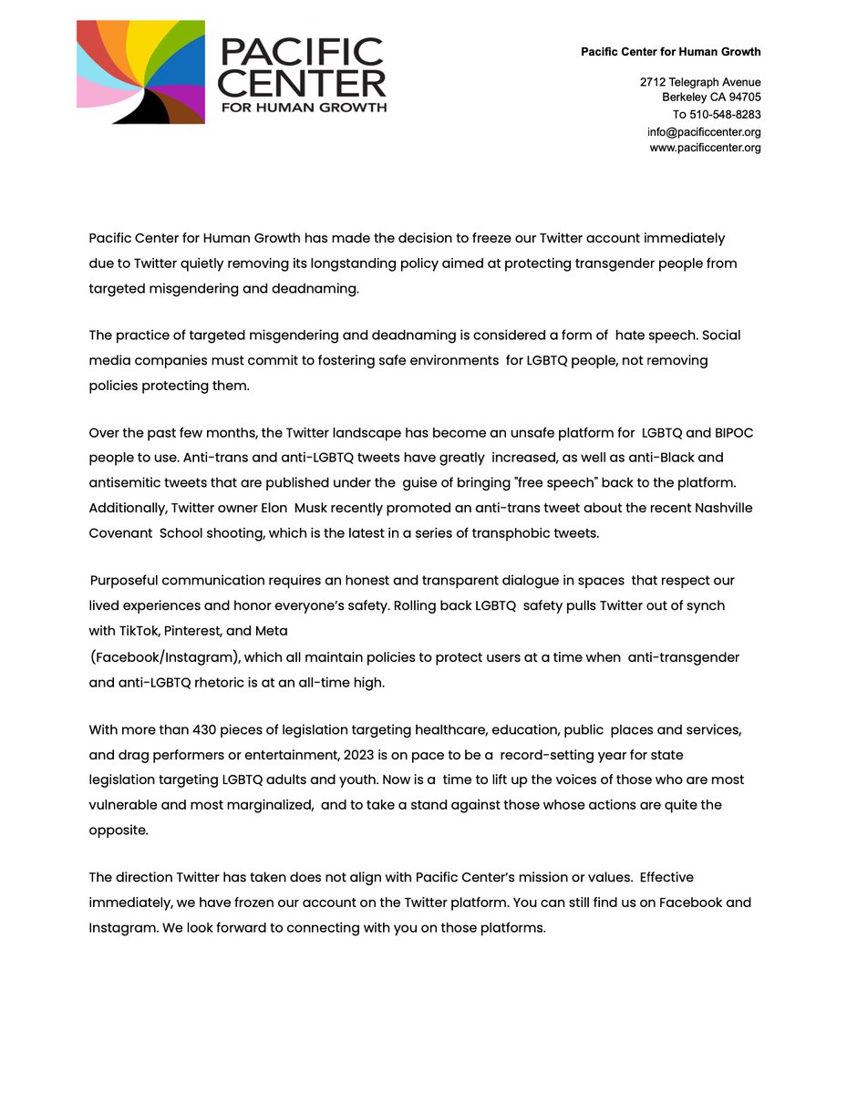 Good afternoon folx, PC wanted to share our recent decision to freeze our Twitter account immediately. Please see attachment. Feel free to continue to support us on our other platforms: instagram.com/pacificcenterb…
facebook.com/pacific.center