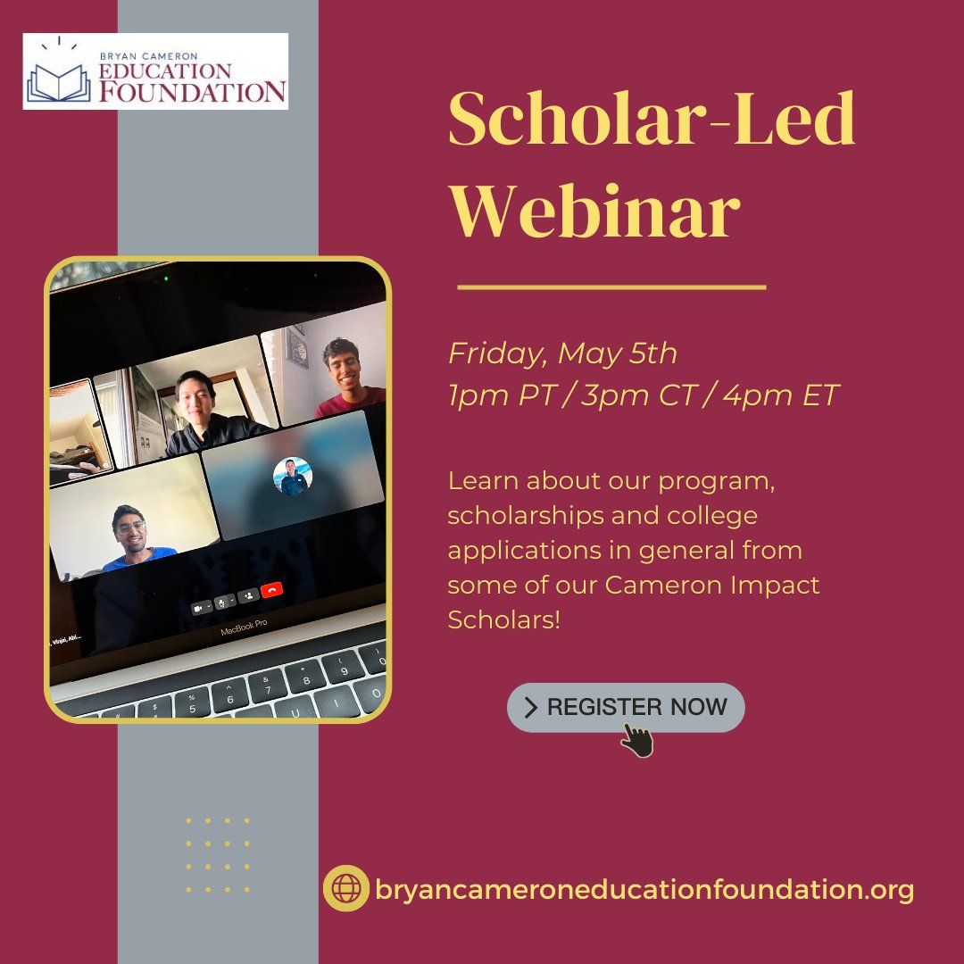 Interested in hearing how some actual #CameronImpactScholars navigated the college and scholarship application process? Have questions about the #bryancameroneducationfoundation and our program? Our Scholars are hosting a Scholar-Led #livewebinar on Friday, May 5th at 1pm PT.