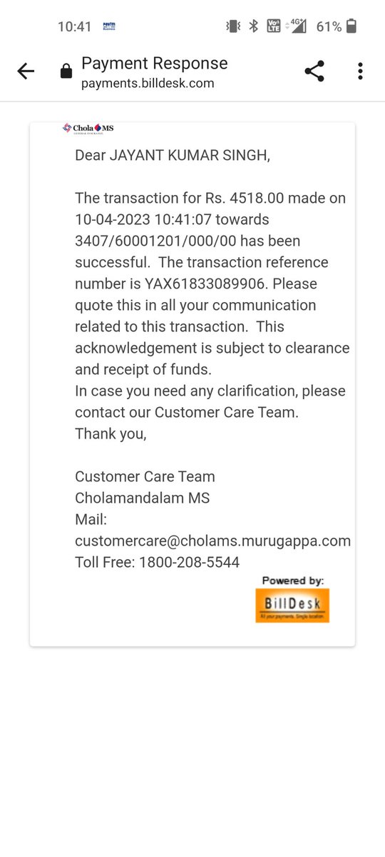 jayanttt's tweet photo. Dear   @CholaMS 
Your sales person contacted me while I was trying to renew car insurance from your website.
Payment was done on 10th April, agent said that policy will be issued in next 72hrs. Now back office team said that they didn't receive the payment. https://t.co/vE5MXw4BGr