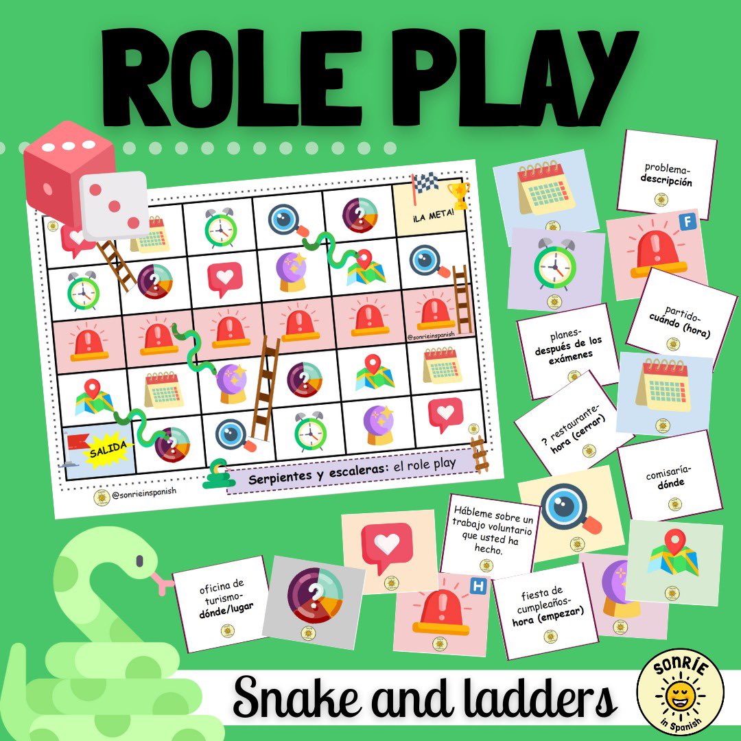 Describe la foto: card game 📸 &amp;  Snake &amp; ladders: role play. 🐍 2 games to get students talking before their #GCSE #speaking exams. Comment/RT to get the link to our TES shop #mfltwitterati