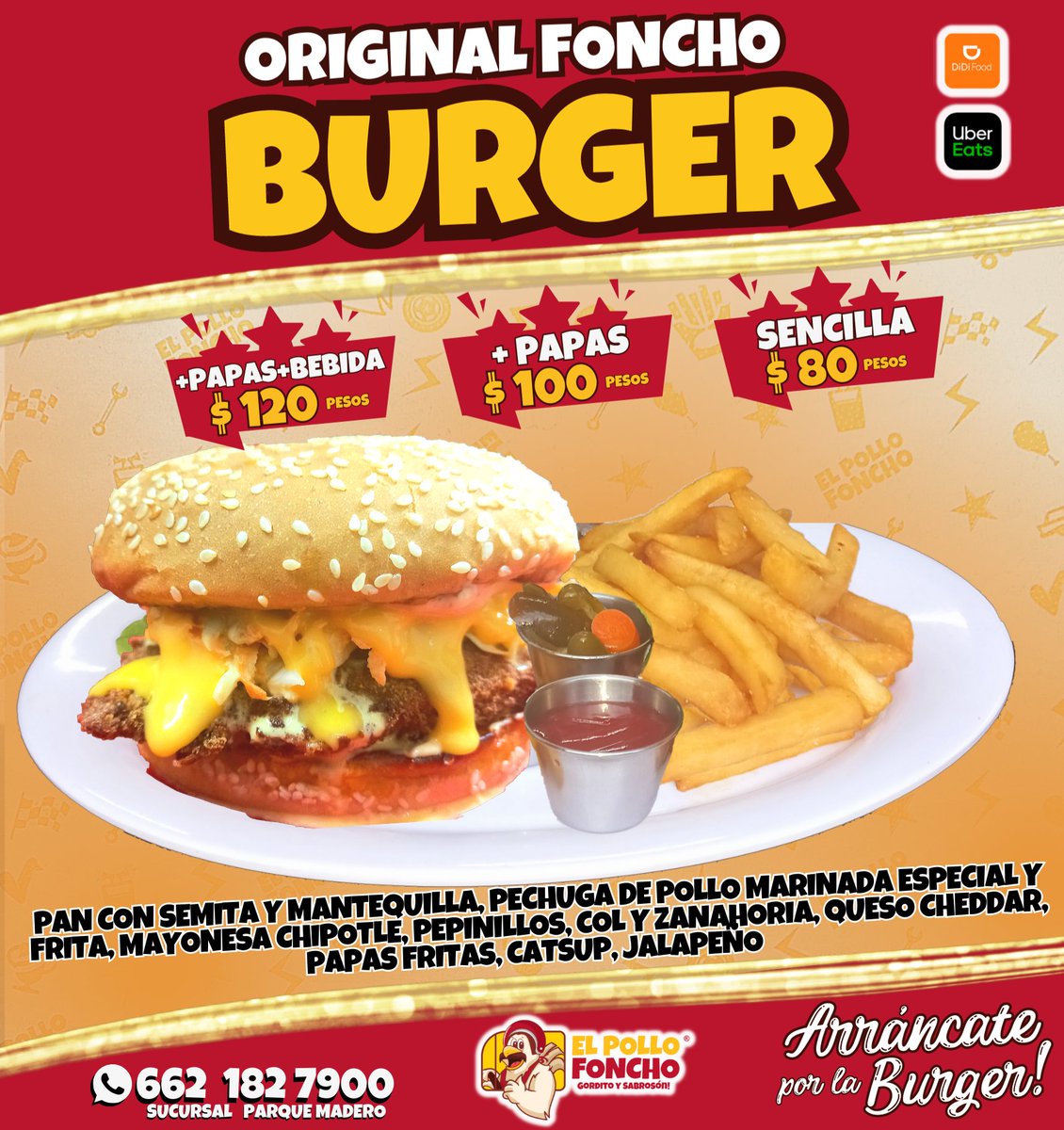 elpollofoncho's tweet photo. Arráncate por la #OriginalFonchoBURGER! 🍔🍟🍗
Riquísima #Pechuga con #Empanizado #Cruji y #PapasFritas
Lunes a Domingo de 11 a 19 Hrs.
¡Con esta BURGER te Picas! 💖
Ordena y recoge 📲662 182 7900 
📍Suc.Parque Madero
🏍 #UberEats | #DiDiFood
#PolloHermosillo #PolloSonora https://t.co/yoWeMJj7po