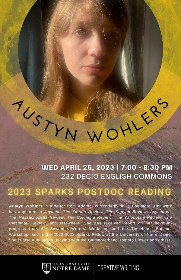 Our #CreativeWriting Series will welcome back writer, musician, and Sparks Prize-winning alum #AustynWohlers next Wednesday (4/26). Wohlers will give a reading in 232 Decio English Commons at 7:00pm. 

english.nd.edu/news-events/ev…

More on <a href="/t_matoflower/">Tomato Flower</a> here: 

pitchfork.com/reviews/albums…