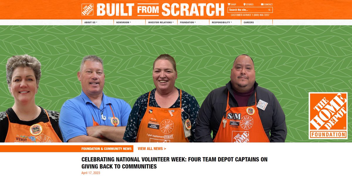 Check out our #TeamDepot Captain spotlights on MyApron as we celebrate National Volunteer Week!

Thank you to all of our Community Captains who give their time and talents to organize thousands of service projects across the country every year. We're proud of you!