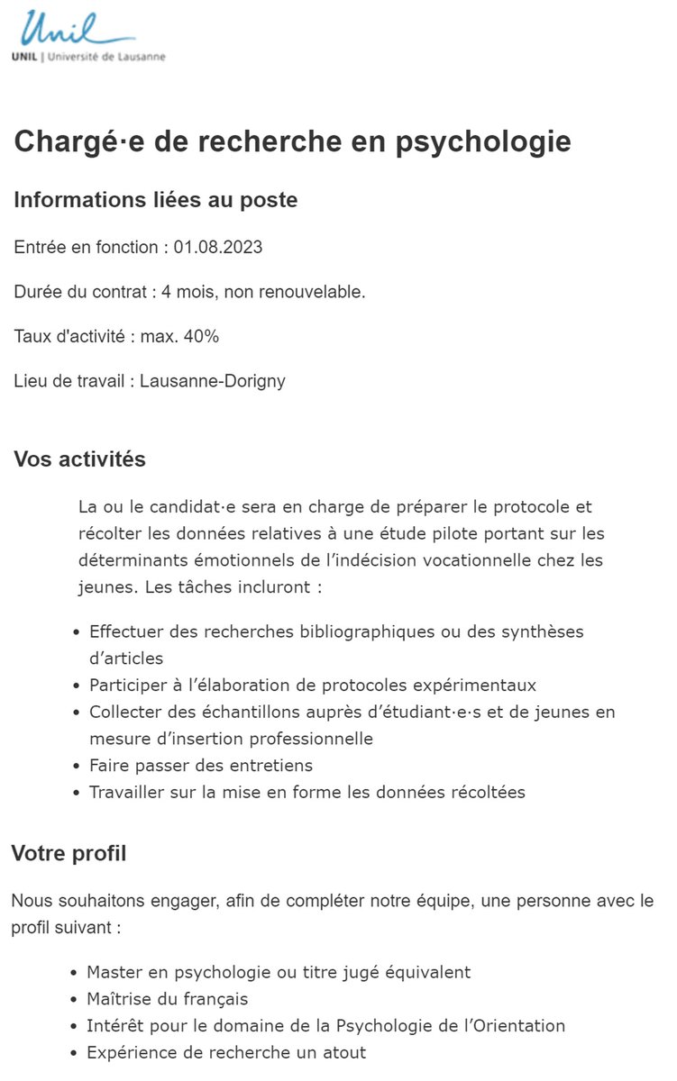 A l'interface entre Psychologie de l'Orientation et Psychologie des Émotions, notre nouveau projet a besoin de vous!

Nous recrutons un·e chargé·e de recherche pour une mission de 4 mois à 40% à l'IP, Unil

Postulez maintenant!!! unil.ch/carrieres/empl…
(ref 20929)