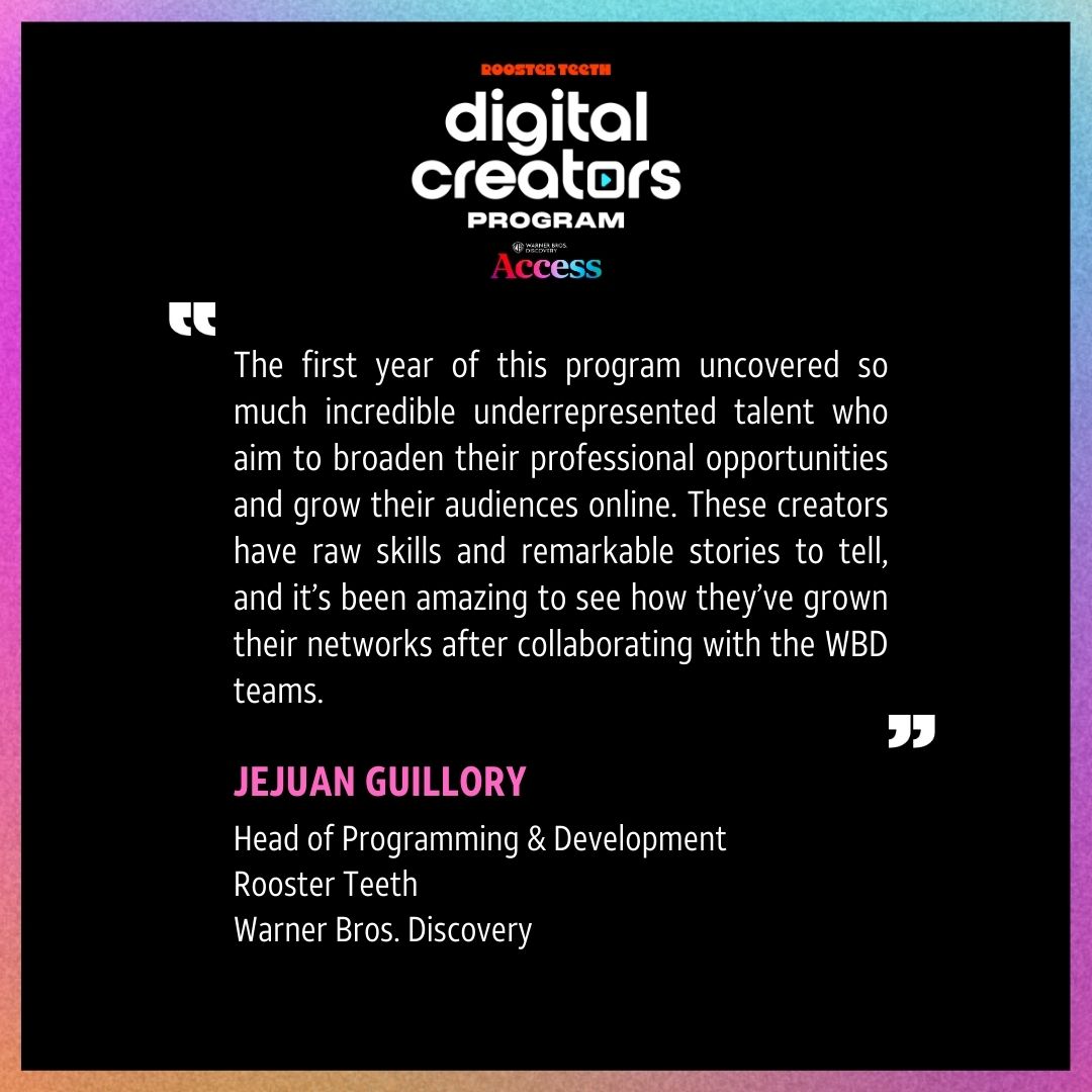 WBDAccess's tweet photo. This program sets out to provide underrepresented digital talent a platform to break through to new audiences while also providing them with the tools and opportunities to succeed as content creators. #WBDAccess #RoosterTeeth #WBDAccessRoosterTeethDigitalCreatorsProgram https://t.co/FqBrwFe5HB
