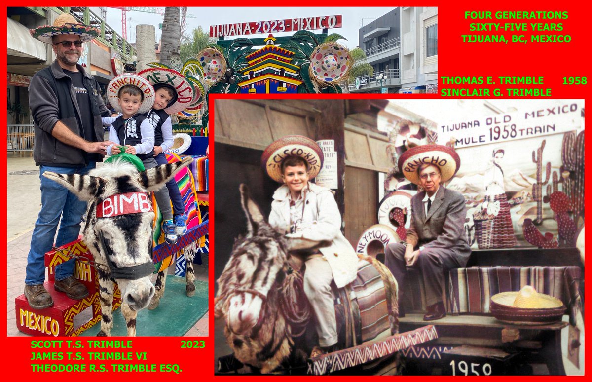stst415's tweet photo. Last Sunday, the #twins traveled internationally for the first time! Though I'm not a fan of keeping the #Tijuana #zonkey tradition, we took a photo... just like the kids' grandfather and great-grandfather back in 1958. Four generations of Trimbles in #Mexico! 🇲🇽🦓 https://t.co/XaUZSrDeI3