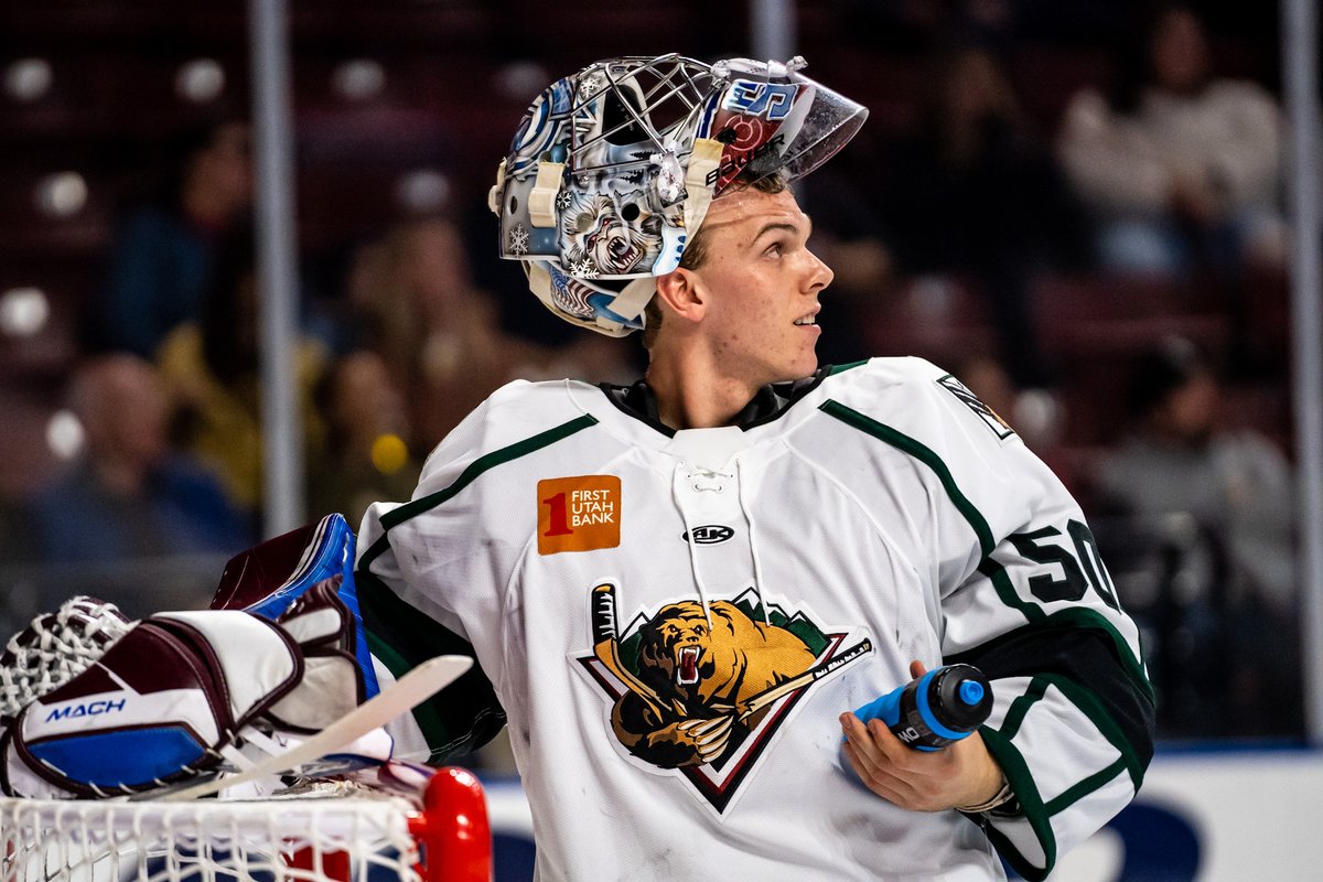 UtahGrizzlies's tweet photo. Trent Miner ended the regular season with a shutout against Tulsa and kicked off the Grizzlies' playoff run by blanking Idaho's scoresheet for the first time this season—that's 74 consecutive saved shots over two games!

GIVE IT UP FOR OUR BACK-TO-BACK SHUTOUT KING!!! 🥅👑 https://t.co/IEZRMVBZSK