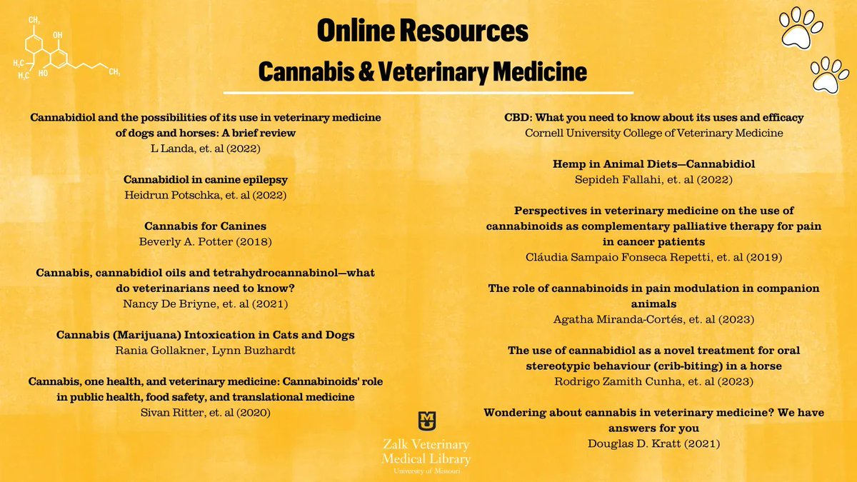 ZalkLibrary's tweet photo. Research on cannabis and cannabidiol use in veterinary medicine has increased in recent years. Here are a few resources you can find online or by searching our catalog at https://t.co/IjlhY34GO0! #VeterinaryMedicine #MizzouLibraries https://t.co/OMBxym5Hat