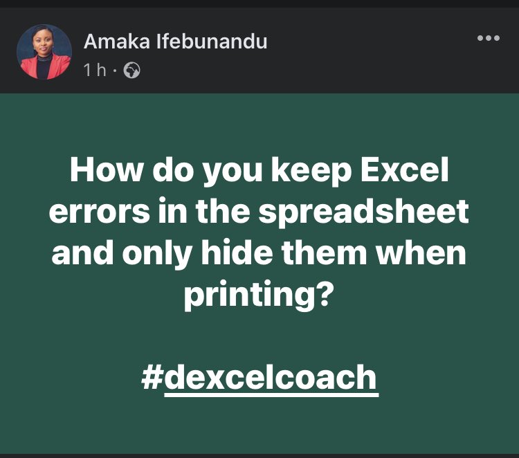 dexcelcoach's tweet image. Go to Page Setup, under the sheet tab choose how you want errors displayed from the drop-down list.

You have the options of displaying errors as blank or  --

Let me know if you want a video tutorial on this in the comment section.

Amaka Cares!
#dexcelcoach