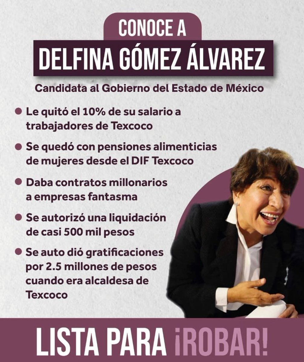 <a href="/laurahdz28094/">LaTauromaquiaEsPerversa</a> <a href="/Rolandoleija/">CAPI</a> <a href="/Marilu86053/">Marilú 💕🐘🐘🐘💕 🇲🇽</a> <a href="/mayumiguillen/">Mayú Guillén 🇲🇽🇺🇦</a> <a href="/QUODOMINE/">FRANKOS</a> <a href="/QuicoCastro/">Bernardo Castro</a> <a href="/qa_angus/">Ángus 🇲🇽🇲🇾</a> <a href="/yez_mayc/">MAYC</a> <a href="/ZoraidaPalacios/">Zoraida Palacios</a> <a href="/Mesthern/">Esther Hernández</a> Específicamente ¡NO VOTES POR DELFINA! <a href="/delfinagomeza/">Delfina Gómez A.</a> Ella es taurina, en abril de 2015 cuando Delfina era presidenta municipal de Texcoco presentó el libro "Silverio nos une" financiado en su totalidad por su gobierno.