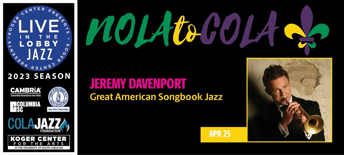 You don't want to miss our next Live in the Lobby Jazz featuring Jeremy Davenport. Love Chet Baker? Harry Connick, Jr.? New Orleans trumpeter and vocalist, Jeremy Davenport, is the epitome of the modern day crooner and swooner. Tickets: buff.ly/41pfhho. | @colajazzscene