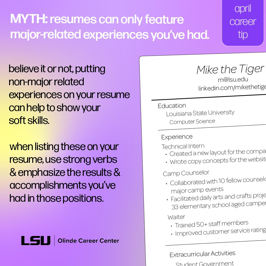 Flex your soft skills✨

They're great additions to your resume and show how well-rounded you are! 

For more help with putting together your resume, stop by the Career Center ⭐️