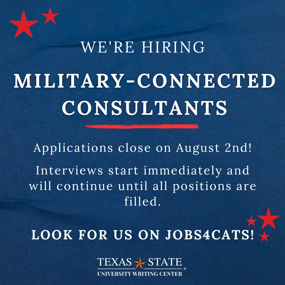 Have you been in the armed forces and want to help other students and veterans succeed? Then submit your application to work at the UWC in San Marcos or Round Rock!

San Marcos Writing Consultant ID: 7747581
Round Rock Writing Consultant ID: 7744013