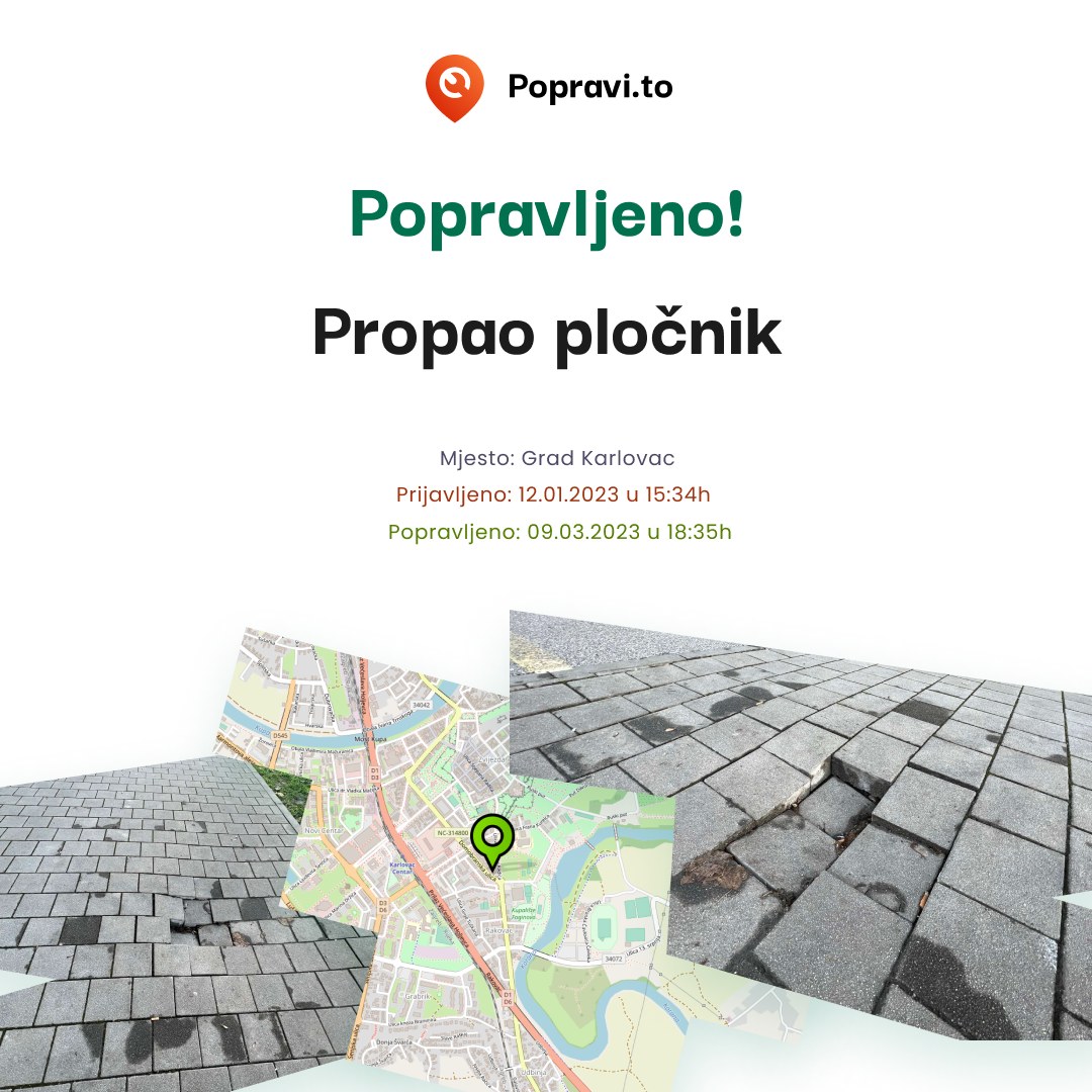 PopraviTo's tweet photo. RIJEŠENO ✔️
Prijava i update ➡️ https://t.co/NcGYwRPrWR 

Puknuće pločnika uzrokovano mogućim oštećenjem infrastrukturnih instalacija koje prolaze tim dijelom. Građanin/ka zabilježio/la problem kao riješenim. ✉️ 

#PopraviTo #FixMyStreet #croatia #codeforcroatia #karlovac https://t.co/hZS4EnaWOx