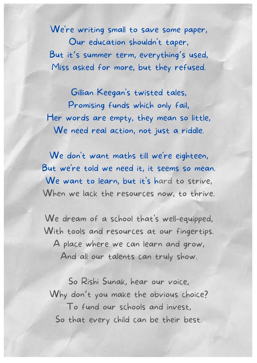 As well as writing to @GillianKeegan today about the state of school funding,  I thought I'd send her this rather apt poem made with AI. 

 #SaveOurSchools #aiclassroom