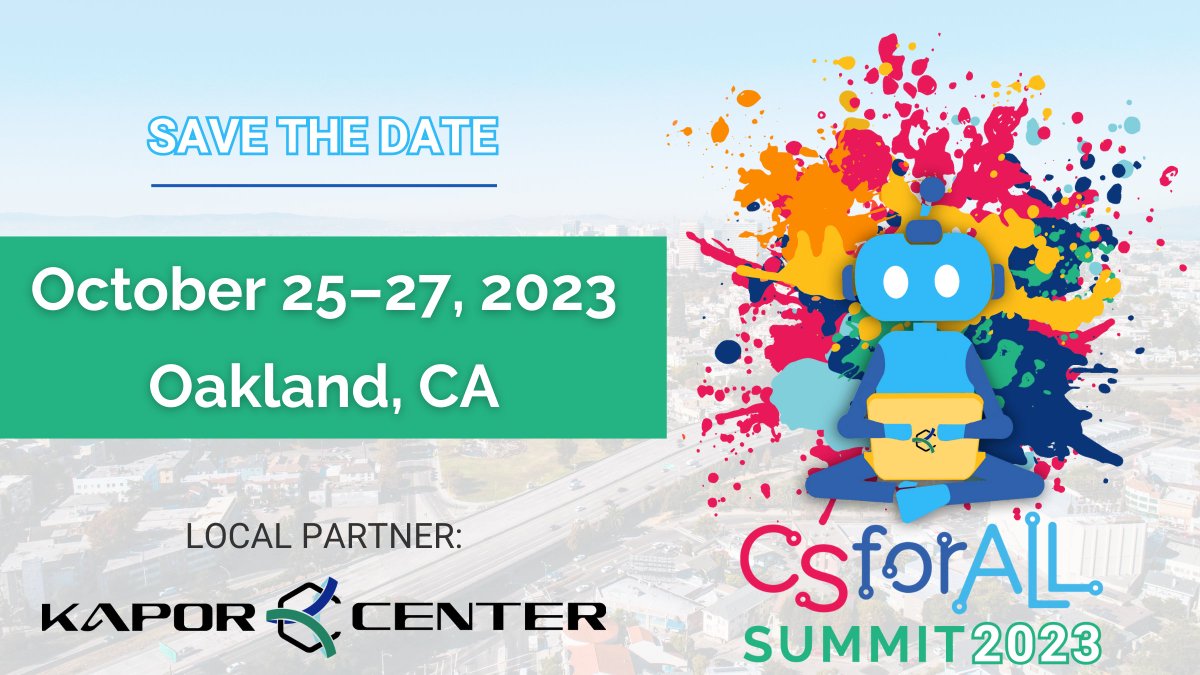 CSforALL's tweet image. We’re excited to announce that the 2023 #CSforALLSummit will be held October 25–27 in Oakland with our local partner @KaporCenter! This year’s theme is Strengthen the CS Movement through Equity. Learn more at medium.com/@csforall/csfo…. #CSforALL