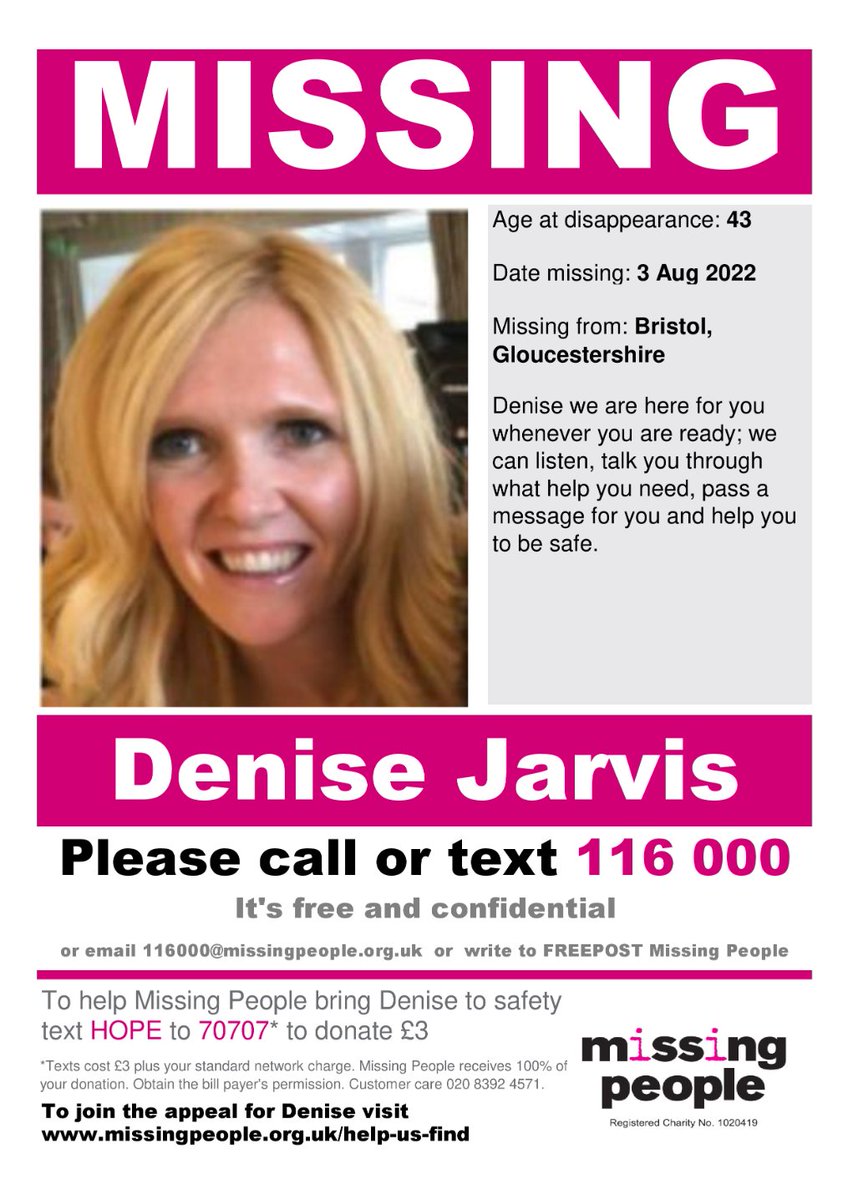 AndyGibsonTV's tweet photo. #VANISHED:  

Denise Jarvis went missing on 3 August 2022 from the #Bristol area in #Gloucestershire.

If you have information on Denise, please call @MissingPeople on 116000, or @ASPBristol on 101.  

REFERENCE NUMBER: 22-003987

#DeniseJarvis #FindDeniseJarvis https://t.co/fSU3Xn0aln