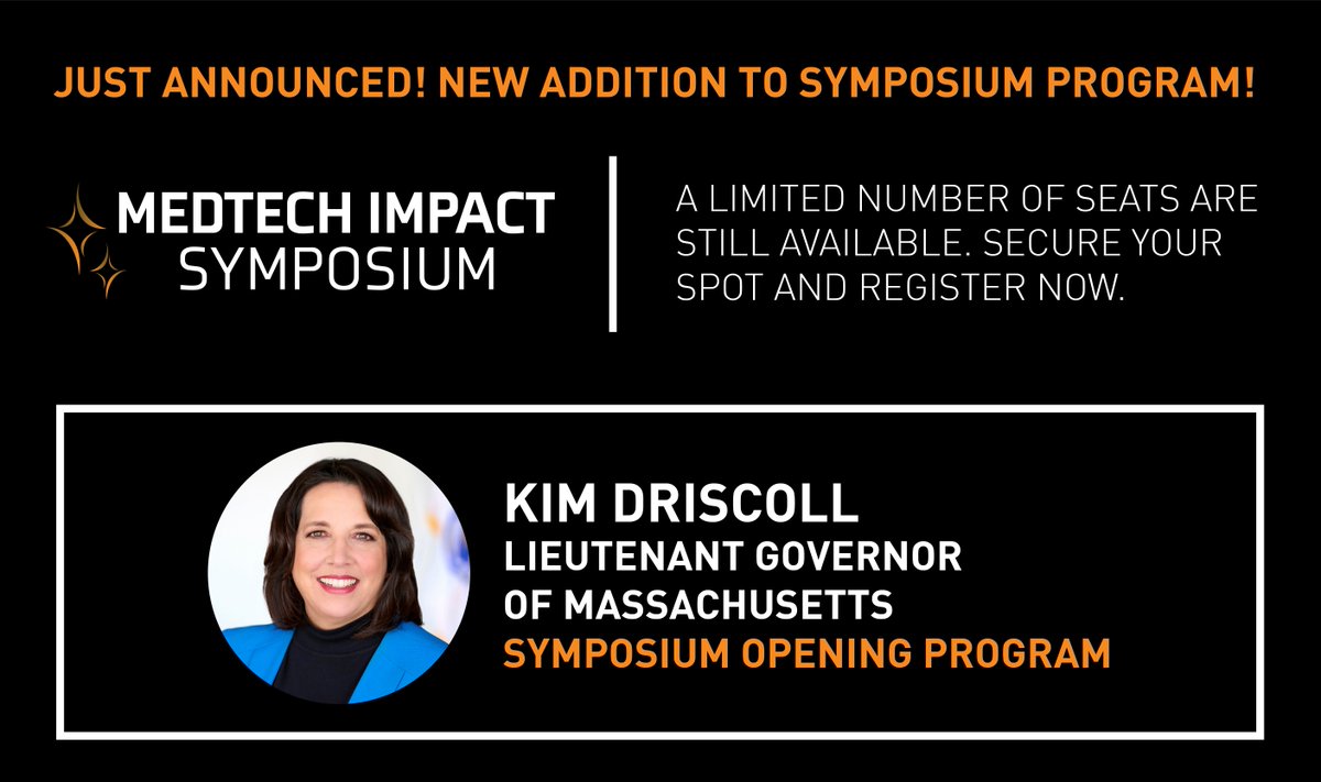 MassMEDICouncil's tweet photo. We are excited to announce a new addition to our #MedtechImpact Symposium Program... Kim Driscoll, Lieutenant Governor of Massachusetts! There are still a few spots left! Sales close at noon tomorrow - get your tickets now.
https://t.co/F00dFPaLek
#medtechimpact #medtech https://t.co/qoY2ZXvNSQ
