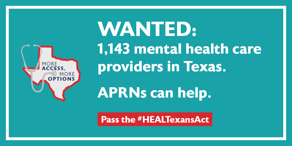 Texans4HCAccess's tweet photo. Lifting restrictions and unnecessary regulations on APRNs could reduce the mental health professional shortage. It's time to pass the #HEALTexansAct and give #MoreAccessMoreOptions to Texas patients. #txlege #PatientsOverProfits
https://t.co/hY7Xi0o9ND (2/2) https://t.co/xo4tJq8hnC