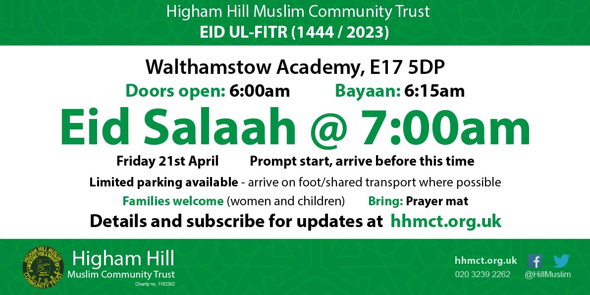 HillMuslim's tweet photo. The MOON HAS BEEN SEEN. Eid Salaah 7:00am SHARP on Fri 21st April. Doors open 6:00am.

✅ women and children are welcome
✅ bring your own prayer mat
✅ Fitrana: min. £4 per person

Info: https://t.co/c1lnFCDSzI https://t.co/Fj8SAE8vJf