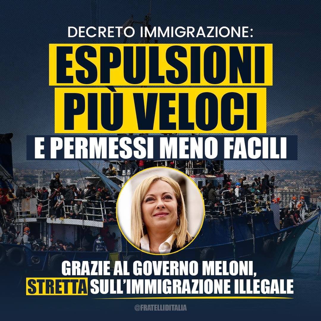 ChrisRicchiuti's tweet photo. DECRETO IMMIGRAZIONE approvato ✅

Stretta a #protezionespeciale:
👉🏼 espulsioni dei clandestini più facili
👉🏼 permessi di soggiorno più difficili da ottenere

#GovernoMeloni #DecretoCutro
@FratellidItalia https://t.co/ZhpuhnRcqV