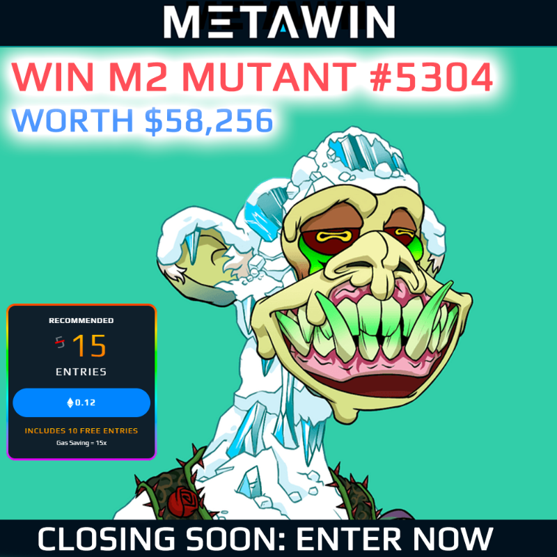 MetaWin's tweet photo. Win Mutant Ape Yacht Club #5304 valued at $58,300 today at MetaWin.  🦧

Closing SOON. 

Get 10 Free Entries: https://t.co/YQa0I8g8bO