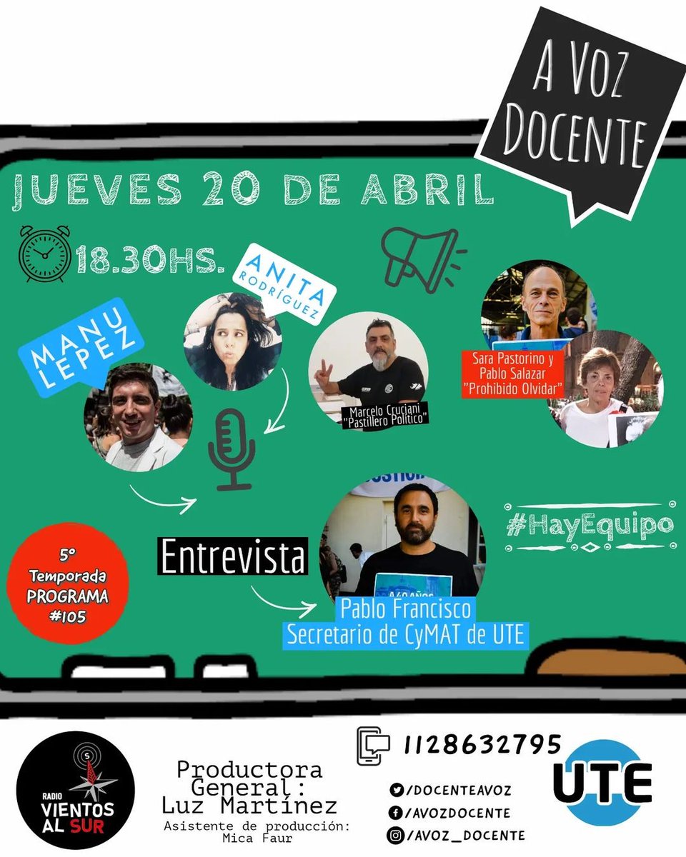 VientosAlSur's tweet photo. 🎙️#Hoy! Desde las 18.30hs @DocenteAvoz  nos volvemos a encontrar por @radiovientosalsur , la #radio de @utectera 📻✌🏽

#HayEquipo
#Temporada2023
#QuintaTemporada
#UTE #Educación
#AVZ105 #CyMAT #infraestrutura #CondicionesLaborales #ProhibidoOlvidar #DerechosHumanos https://t.co/uoGaGnn6bu