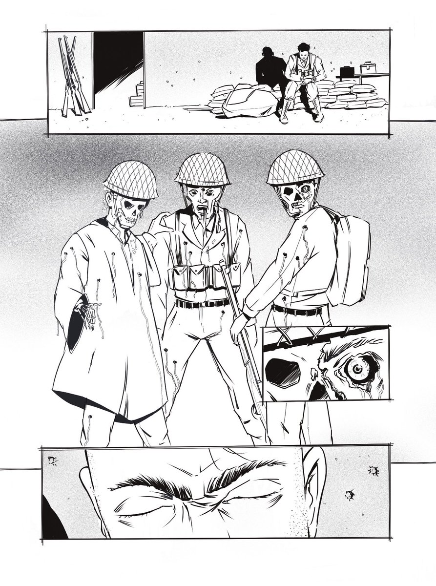 dpjcomics's tweet photo. Another page from Gravity of Shadows, words by Eric McClellan, illustrated by me. Published by ⁦@Markosia⁩ Here, Henry’s visions are becoming more prevalent as he sinks deeper and darker into the #horror of #war. #comic #comics #comicbook #ww2 #comicart #warstories #usarmy https://t.co/CBYP7qCgYR