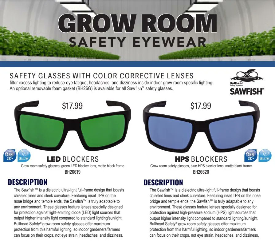 It's #420day and it would be a mistake to not HIGHlight Bullhead's Grow Room protective eyewear. The Bullhead Sawfish is now available with LED or HPS Blocker lenses to protect growers from eye strain, headaches, and dizzyness. ANSI Z87.1 certified. buff.ly/3JjEiDX