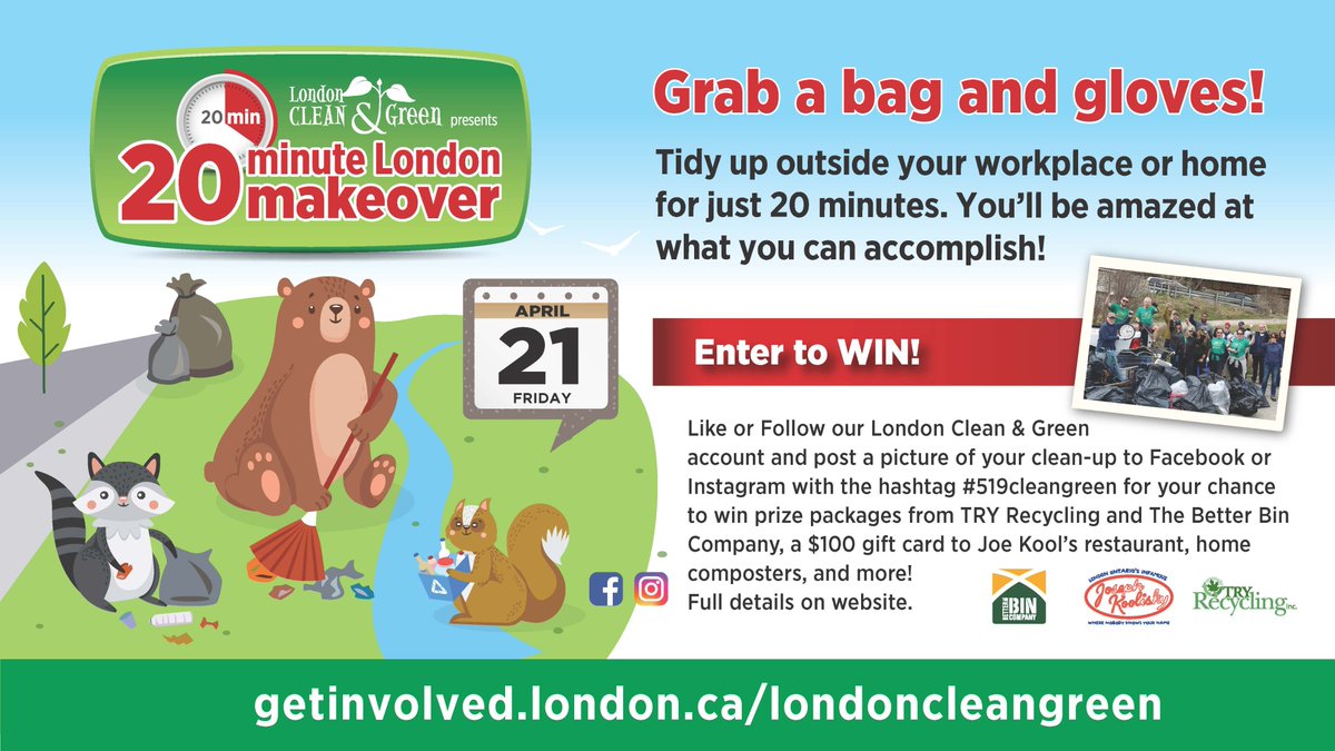 CityofLdnOnt's tweet photo. Follow the Clean & Green Instagram or Facebook accounts and post a picture of your clean-up with the hashtag #519CleanGreen for a chance to win a prize.
#LdnOnt | #519CleanGreen https://t.co/Iwj8O3QxKf