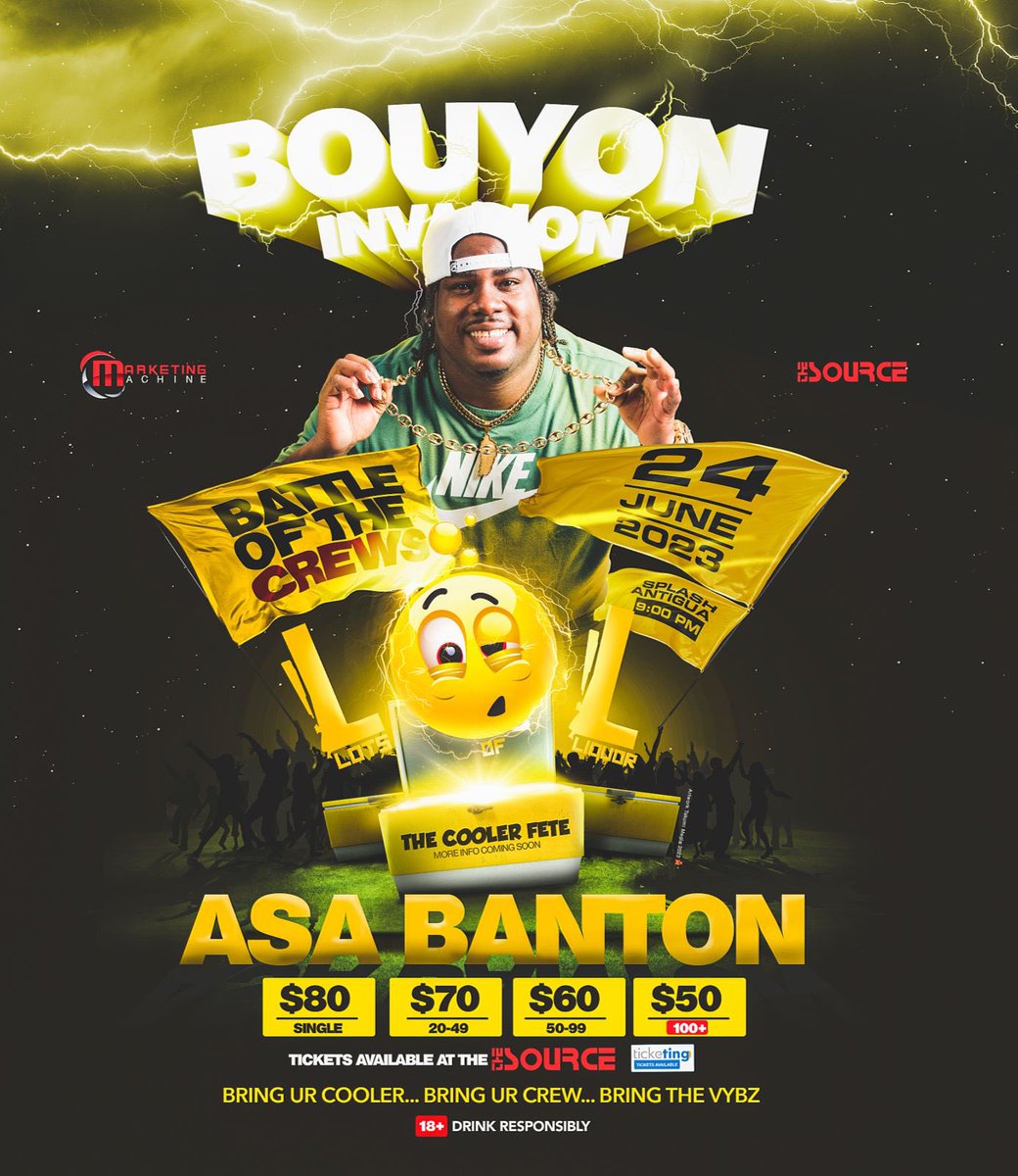MarketinMachine's tweet photo. *DOMINICA MASSIVE*๐ฉ๐ฒ Get ready to represent with Asa Baton at LOL!! The Bouyon Invasion in FULL Effect๐จ!!
Early Bird tix drop 28th Apr ๐๏ธ available @thesourceco @ticketingevents
Battle Of The Crews ๐ฅ
#LOL #LotsOfLiquor #CoolerFete #BattleOfTheCrews https://t.co/iYdf7ReV0s