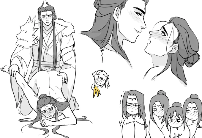 Now plz eat this. both Top AND Bottom Junwu. At the same time.
Based on this hot fic from @/iamjunwusgf 
https://t.co/xp63McCatE

CW: Selfcest, Junwu/Wuyong, 4 vassals watching 