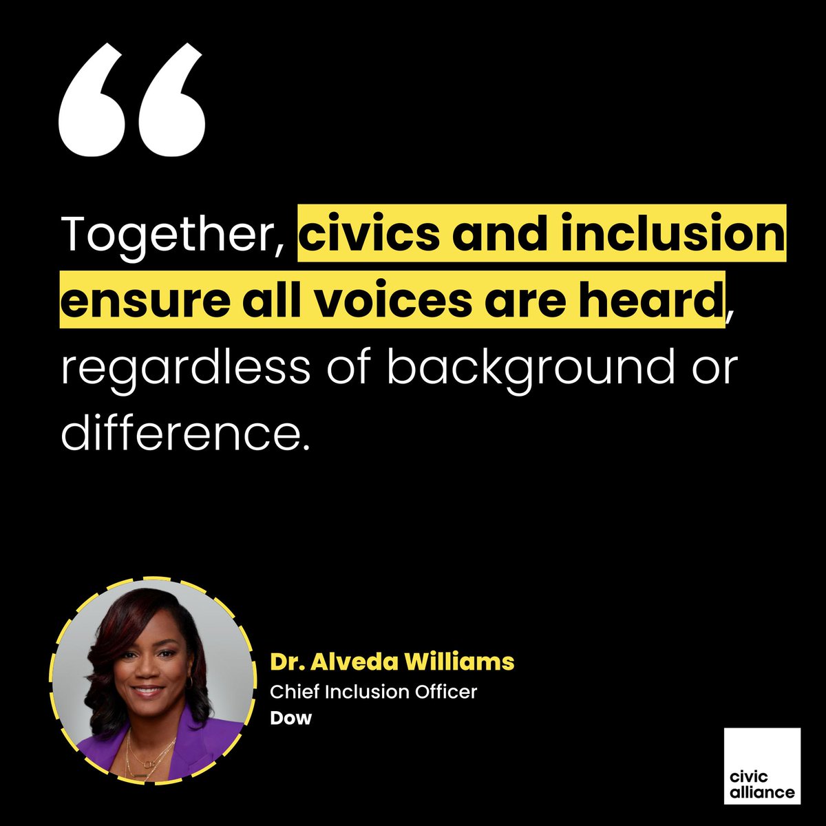 CivicAlliance's tweet photo. Dow's Chief Inclusion Officer @DrAlveda emphasized the connection between #civicengagement and #inclusion at a recent #CivicAlliance event - they're both about engaging everyone. Missed our event and want to know more? Watch the full recording at https://t.co/Igifgnk7Zx https://t.co/0MwzU7bl7d