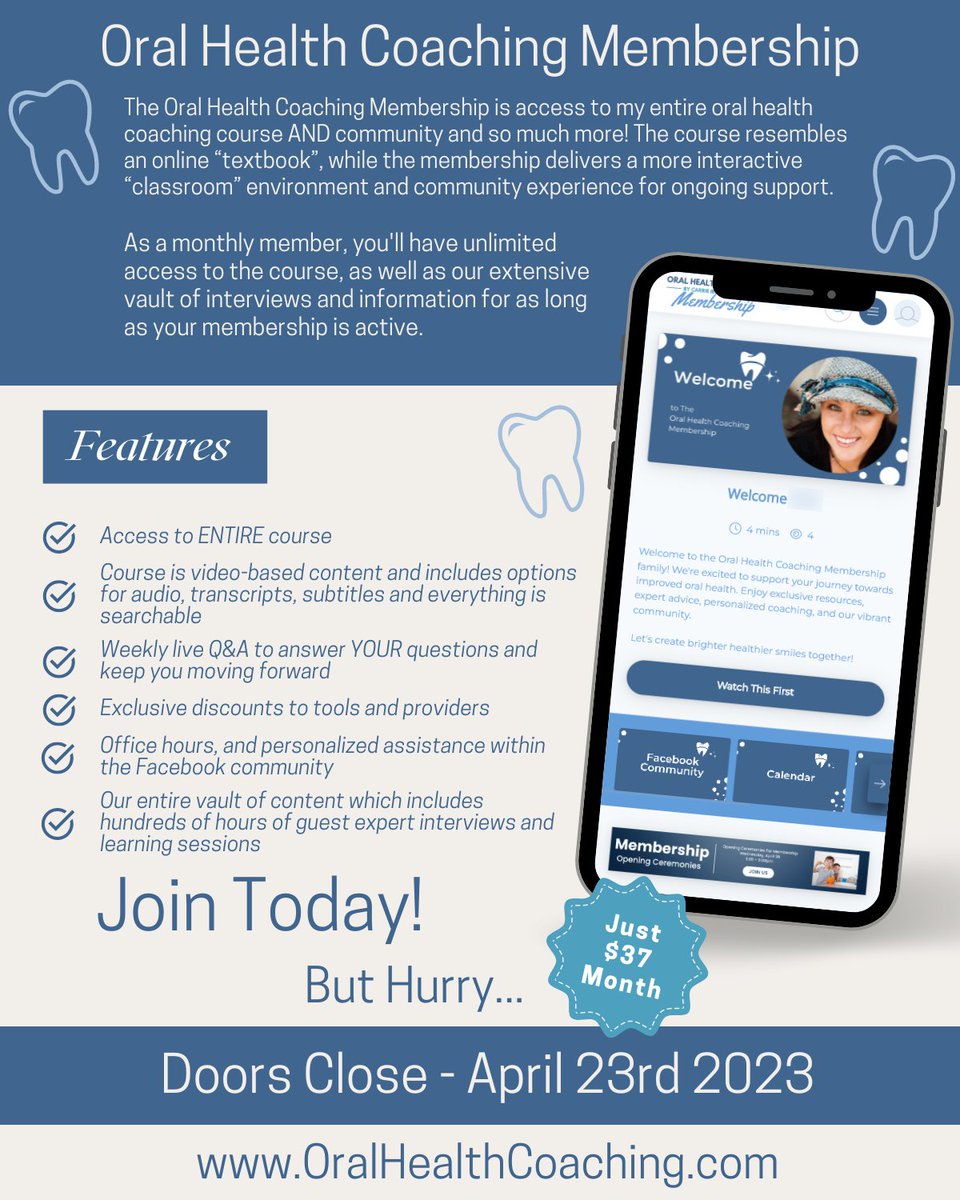 The Oral Health Coaching Membership is access to my entire oral health coaching course AND community and so much more! 

visit OralHealthCoaching.com to learn