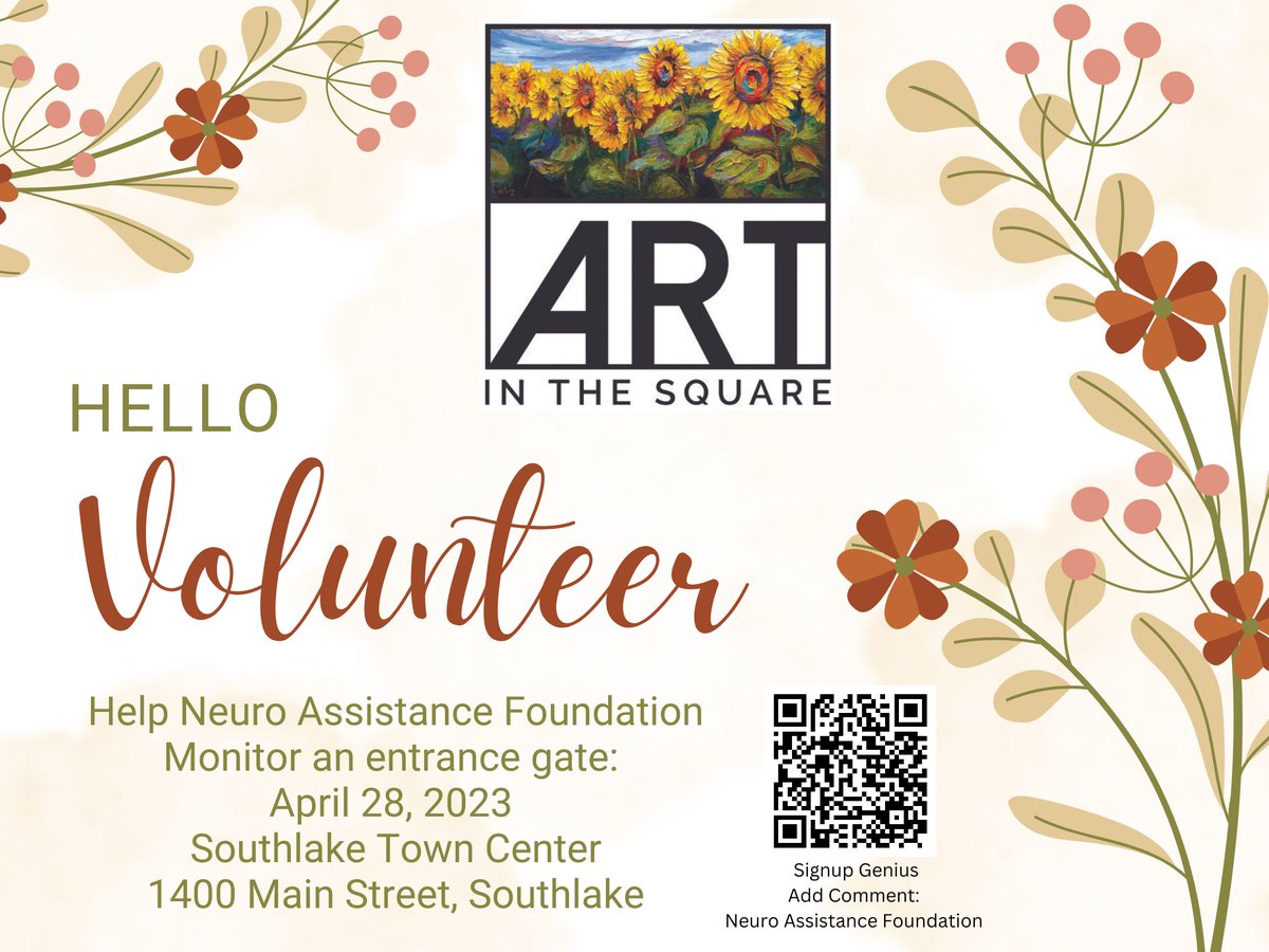 Art in the Square is a three-day juried fine art festival produced by the Southlake Women’s Club. We're looking for volunteers to monitor the entrance gates to the event on Friday, April 28, 2023.
Contact: 
Khanh Moutafis
kmoutafi@neuroassistance.org