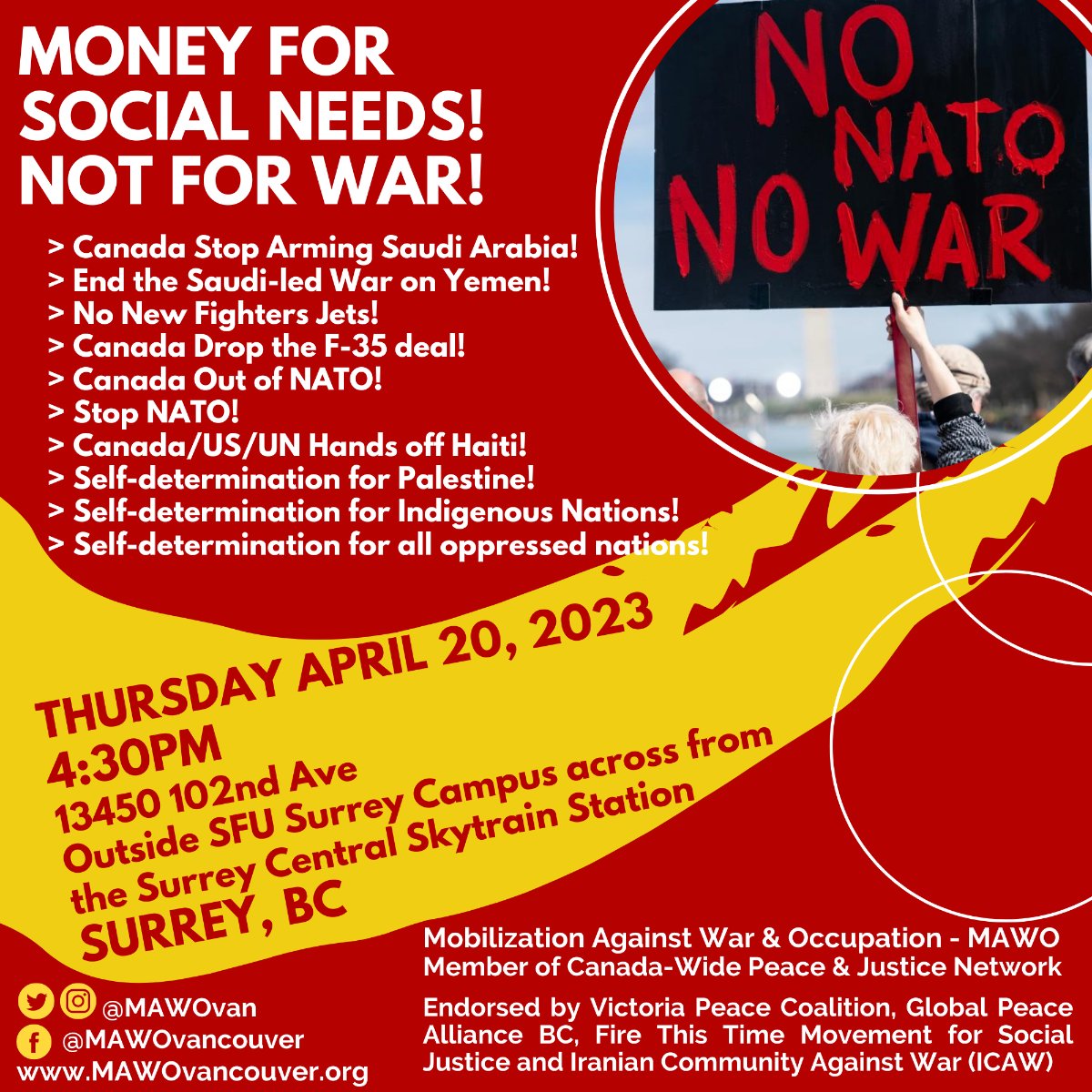 📢✊ Join to demand 'Money for Social Needs Not for War!' Thurs Apr 20 4:30pm outside Surrey Ctrl Skytrain @ University Dr. & City Pkwy. #CanadaStopArmingSaudi #FundPeaceNotWar #StopNATO #CanadaOutofNATO #EarthDay2023 #WarIsNotGreen #vanpoli #cdnpoli #EarthDayEndWar