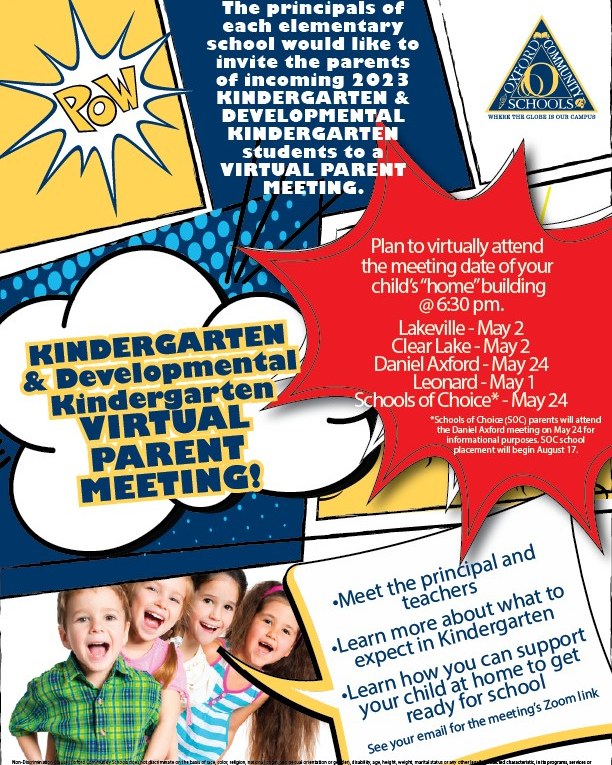 OCSWildcats's tweet photo. Incoming 2023 Kindergarten and Developmental Kindergarten Virtual Parent Meetings are coming up! 
If your child is enrolled to be a Developmental Kindergartener or a Kindergartener in Oxford Community Schools next year, please watch your e-mail for a Zoom invitation! #ocswildcats https://t.co/LkknyWK2kn