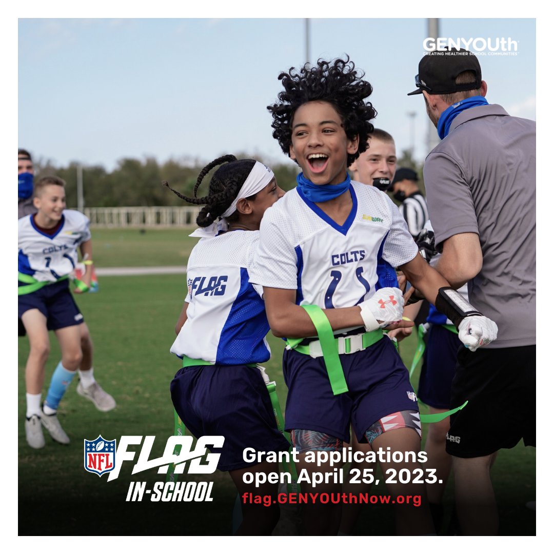GENYOUthNow's tweet image. Score big with flag football! GENYOUth's #NFLFLAGInSchool applications for the 2023-24 school year open on April 25. Don’t miss out on bringing the fastest growing team sport in the nation to your students.

Sign up for application alerts: flag.genyouthnow.org